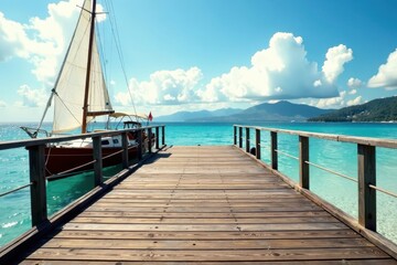 Weathered wooden pier deck with sailboats and nautical elements, gray wood, waterfront