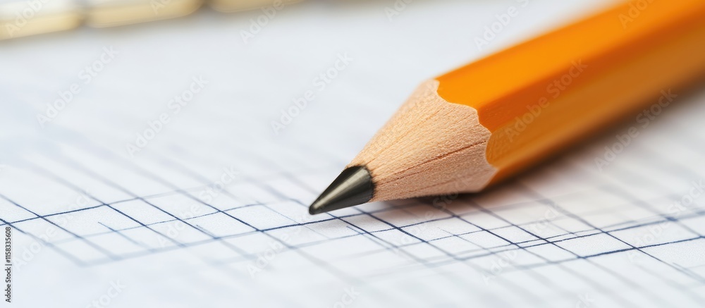 Poster pencil resting on a lined data sheet in an office setting with blank space for text and note-taking 