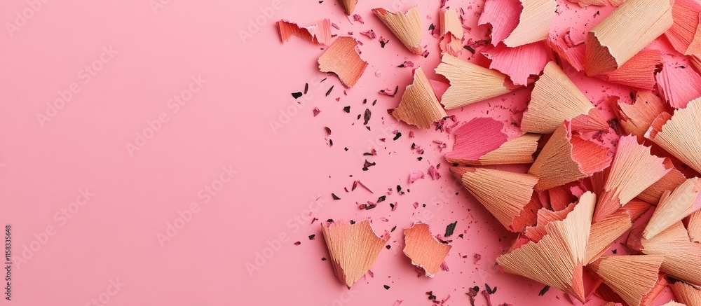 Aufkleber pencil shavings scattered on pink background with ample blank space for text or design placement in 