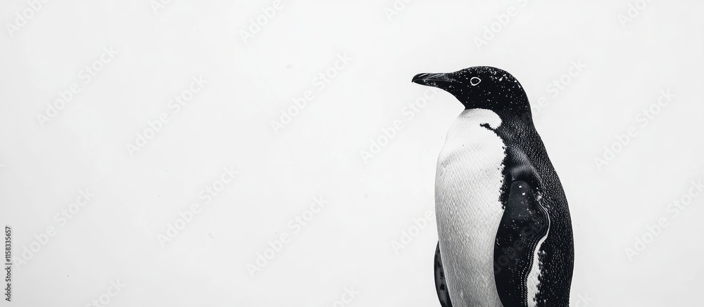 Poster penguin standing in profile against a white background with ample negative space for text or design 