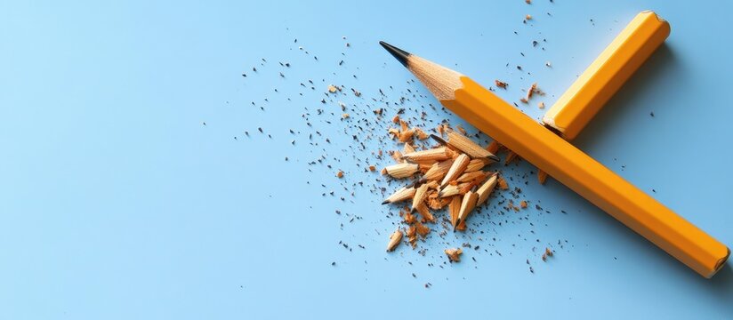 Yellow Pencil and Sharpener with Wood Shavings on Soft Blue Background Ideal for Creative and Educational Designs