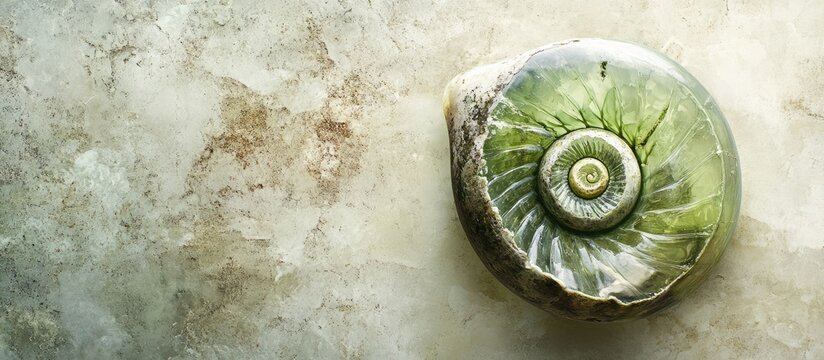 Peridot Goniatite Fossil Shell Detail with Double Spiral Design and Text Space on Rustic Background