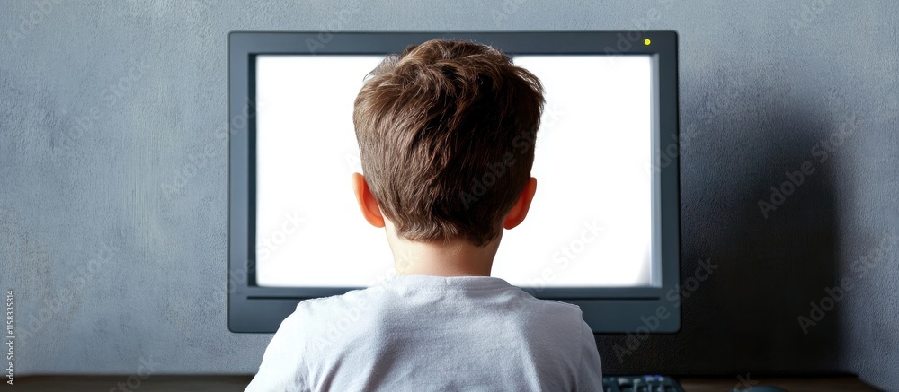 Aufkleber child focused on computer monitor with serious expression blank screen for text addition in modern w