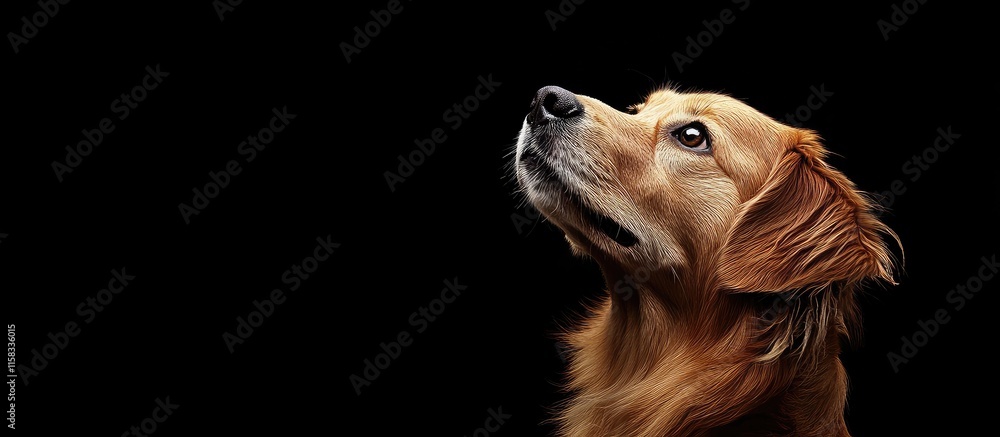 Poster portrait of a golden retriever dog against a dark background with ample space for personalized text 