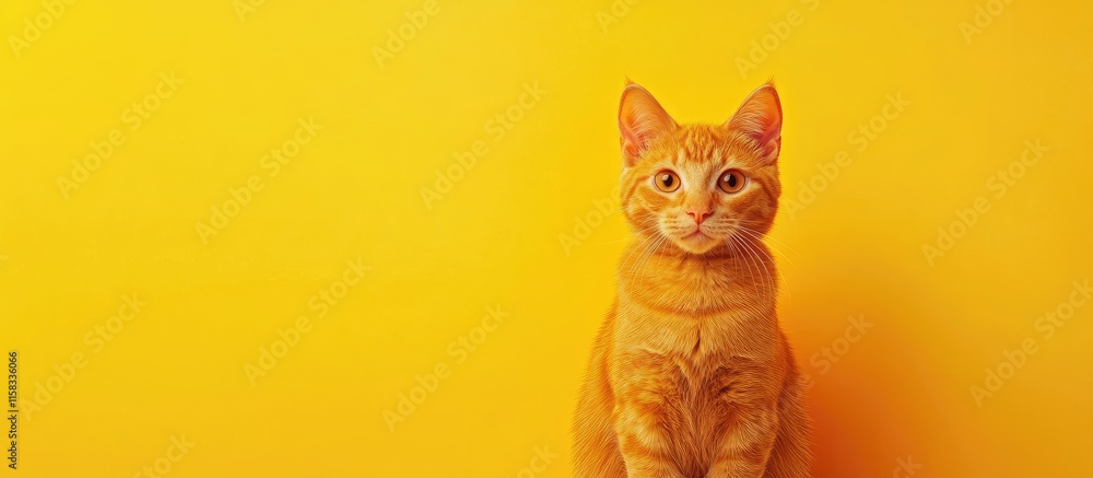 Poster butterscotch cat sitting indoors against a vibrant yellow background with ample empty space for crea