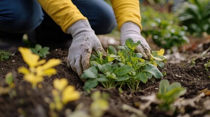 Fototapeta premium Gardener nurturing young plants in spring soil promoting environmental sustainability and green practices in nature conservation efforts