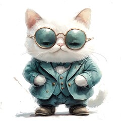 Fototapeta premium A stylish white cat in teal suit and round glasses, digital painting.