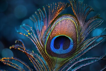 Closeup of a single peacock feather, showcasing its iridescent colors, intricate details, and water droplets. The background is a blurred teal.