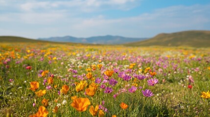 Fototapeta premium Vibrant Rainbow Colored Wildflower Field Stretching Across Scenic Landscape with Mountains in Background