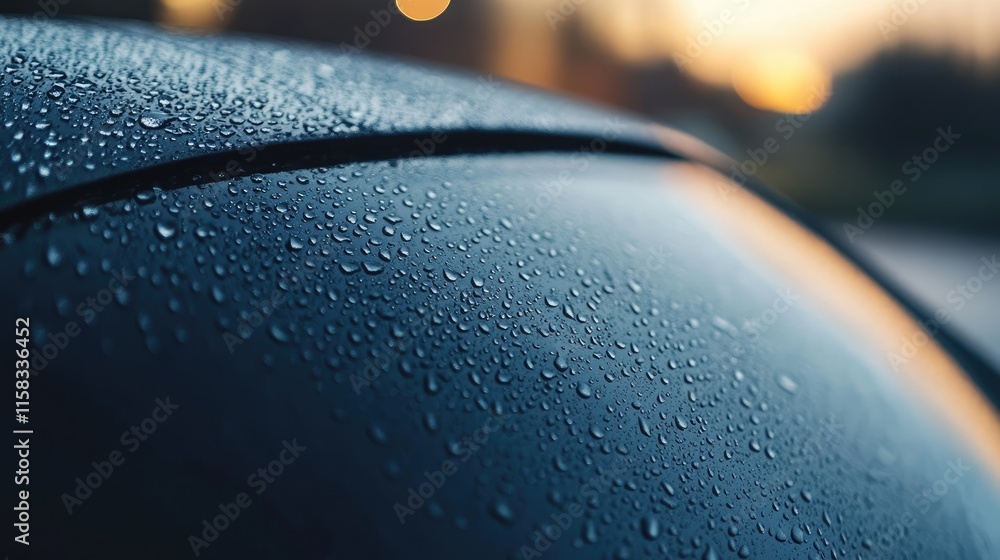 Poster raindrops and dew on car window with sunset glow creating a serene atmosphere for nature and automob