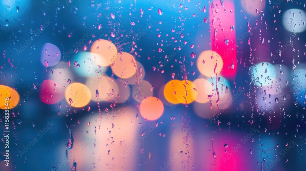Poster raindrops on a clear window with colorful bokeh lights in the background during a stormy atmosphere