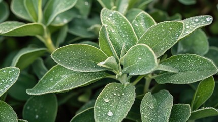 Obraz premium Raindrops on Lush Green Leaves Captured in Soft Evening Light Nature Close Up Photography