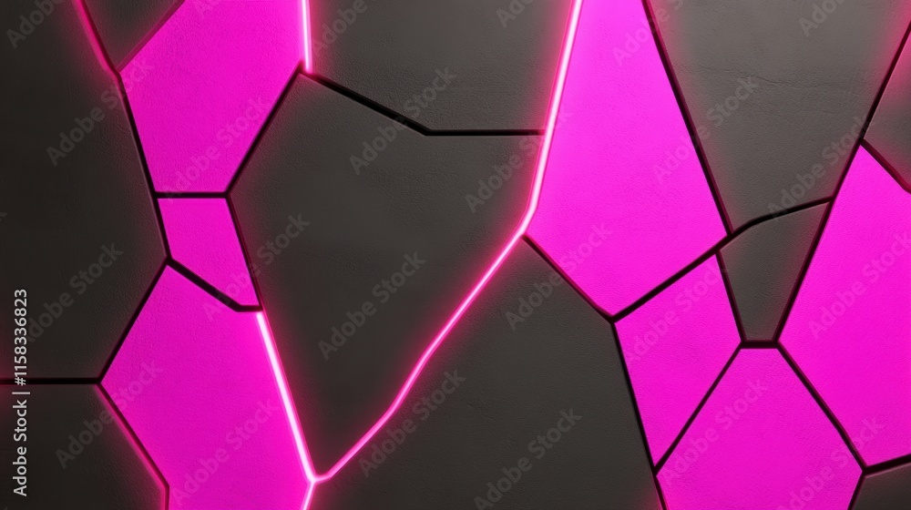 Poster geometric abstract pattern with glowing pink neon lines on a dark background