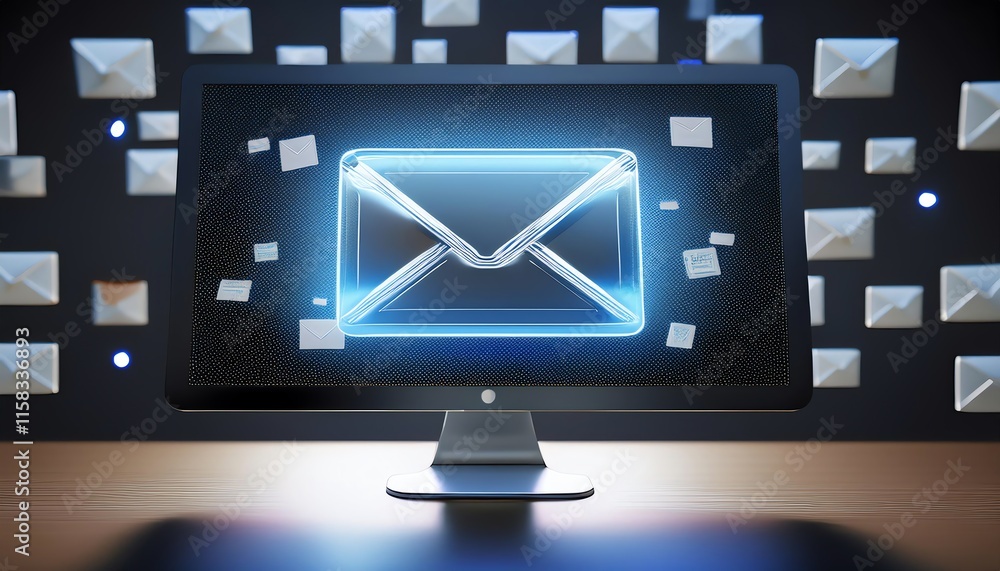 Poster a glowing email envelope icon appears on a computer screen, surrounded by floating envelope graphics
