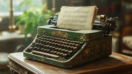 Antique green typewriter with sheet music on wooden table.