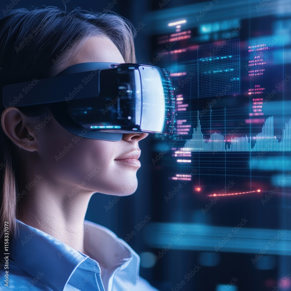Aufkleber woman with virtual reality headset analyzing data in a high-tech environment, representing innovatio