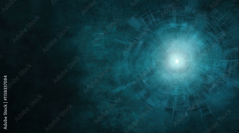 Poster circular glowing abstract digital pattern in blue tones on a dark textured background.