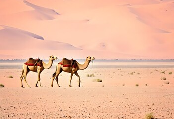 Camels on a desert scene near Jiuquan, Gansu, China.
