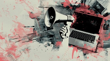 Digital Age Announcement: Megaphone and Laptop in a Grunge Style