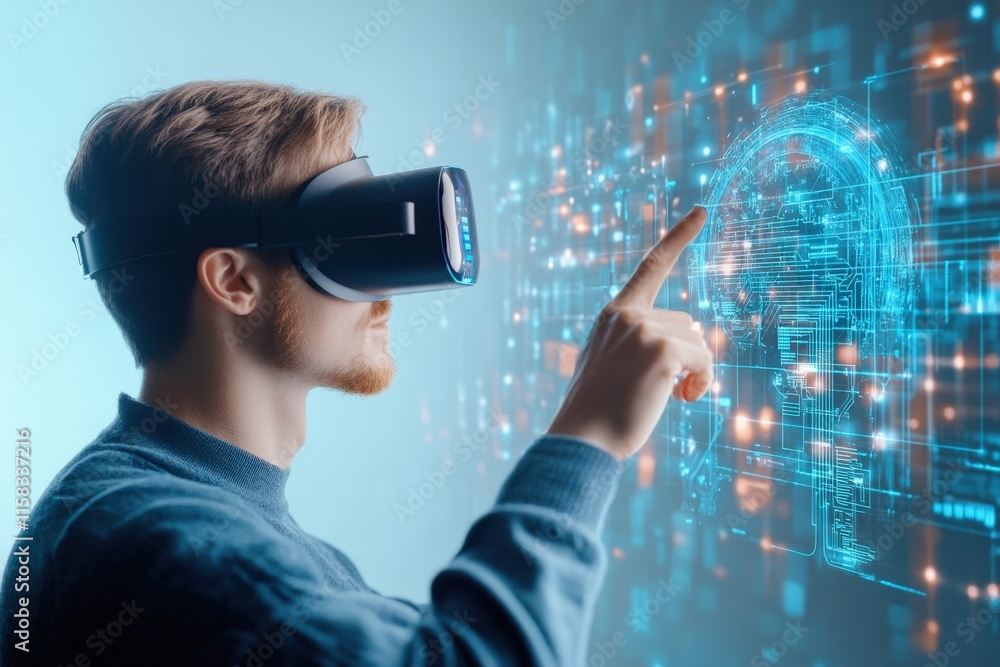 Aufkleber young man engaging with virtual reality technology, exploring digital interface with holographic ele