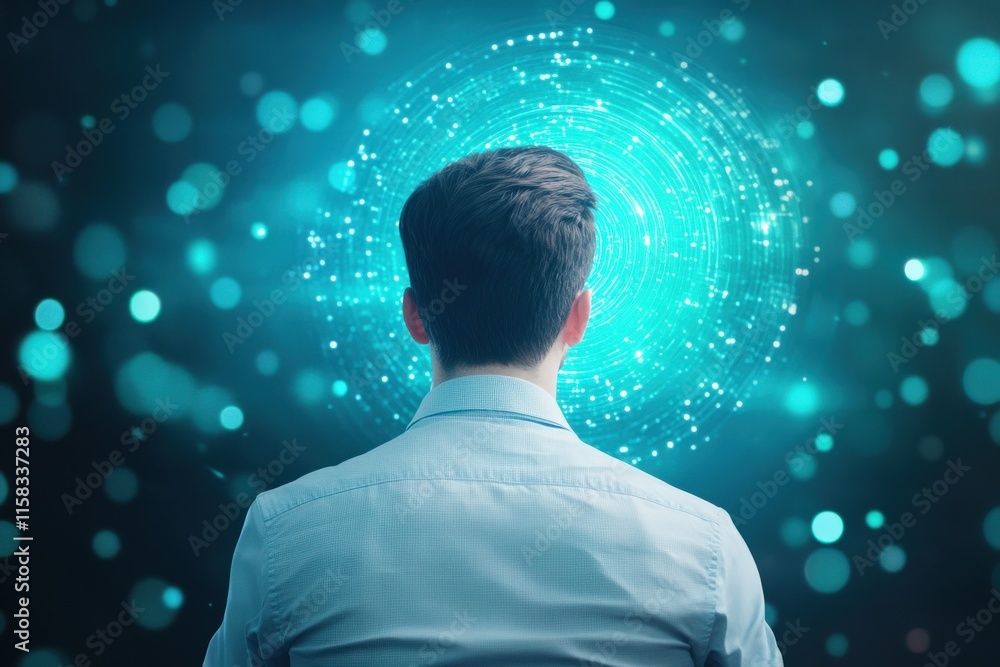 Aufkleber man contemplating digital universe with blue light and abstract patterns, visualizing ideas and inno