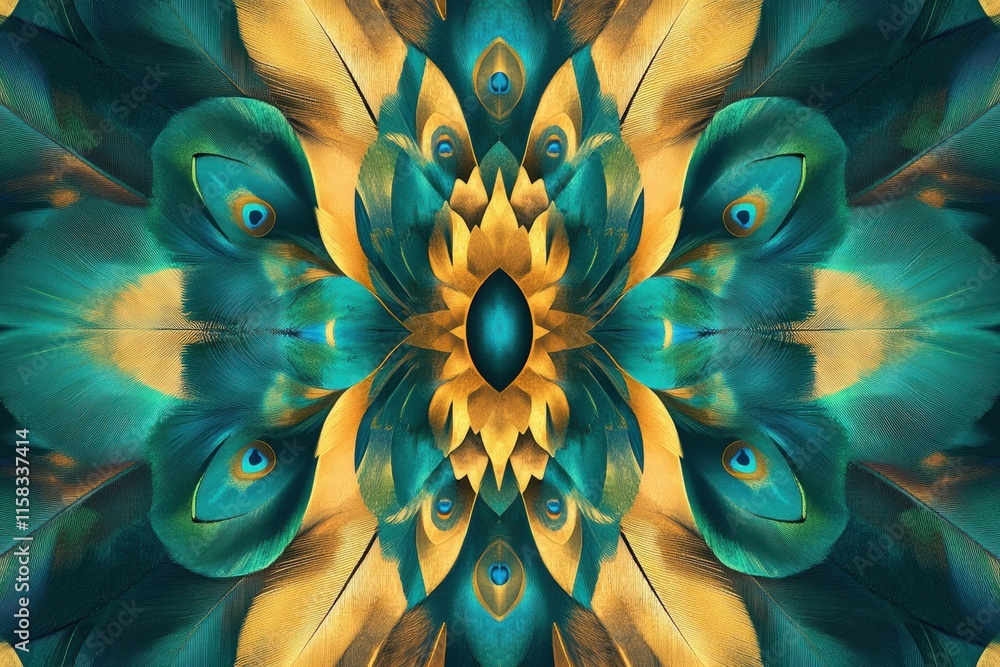 Fototapete Intricate pattern of overlapping peacock feathers showcasing vibrant colors and textures with ample space for additional text. Generative AI