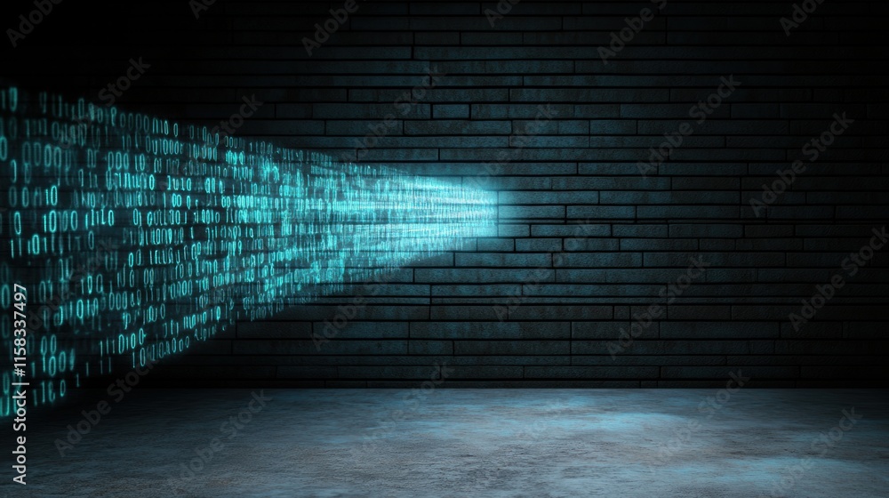 Poster digital blue binary code projection on a dark brick wall. futuristic technology background.