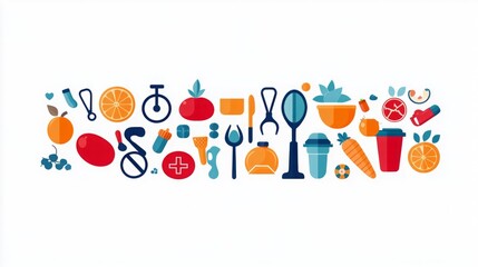 Fototapeta premium Vibrant illustration of healthy lifestyle elements: fruits, vegetables, sports, and wellness.