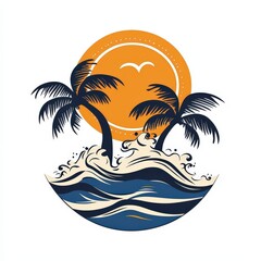 Summer island, waves, palm trees and sun, logo symbol design isolated on white background