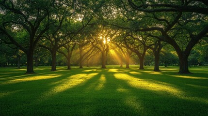 Obraz premium Sunlight filters through trees, casting shadows on lush green grass in a serene landscape.