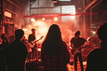 Gen Z friends at an indie music concert in a warehouse, enjoying live performances, casual edgy...