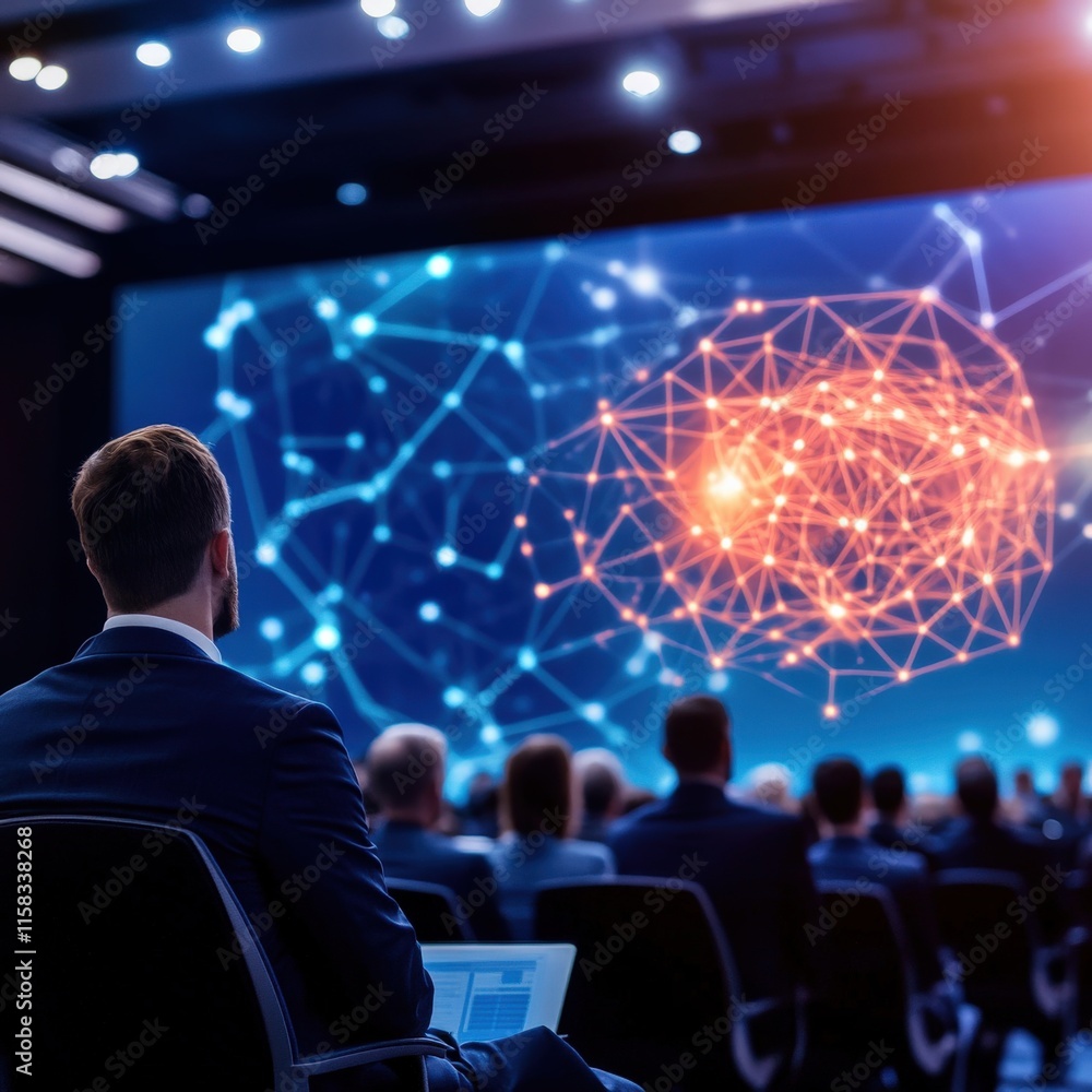Poster business professional analyzing data visualizations during conference presentation on innovation and