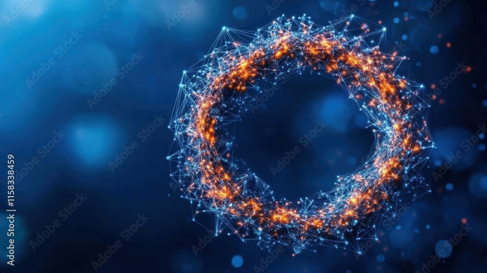 Poster glowing circular network of interconnected nodes with bright orange lights on a blue background.