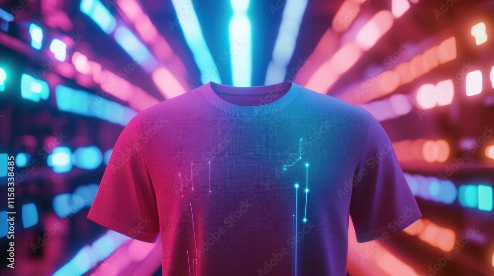 Aufkleber futuristic headless t-shirt display with neon lights and abstract patterns in dynamic colorful backg
