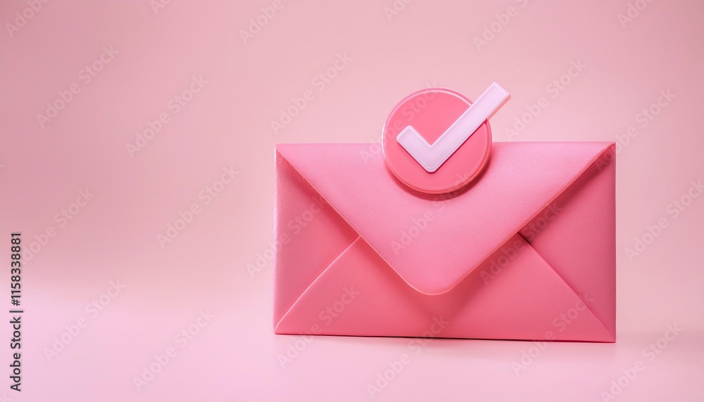 Poster a pink envelope with a checkmark symbol, representing confirmation or approval, set against a soft p
