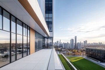 Modern Urban Balcony with Panoramic City View, Sleek Architectural Lines, Bright Sky, and Lush Green Space in a Contemporary Setting
