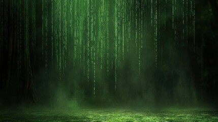 Green digital matrix code falling over a dark misty background.