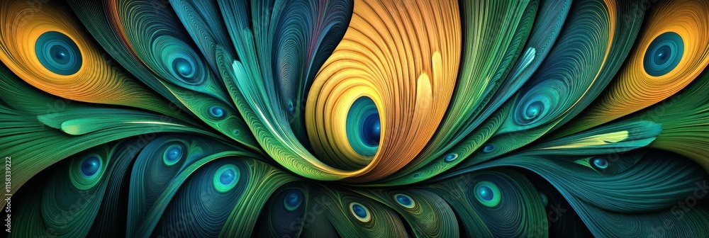 Poster unique design of overlapping peacock feathers creating vibrant patterns on a colorful background wit