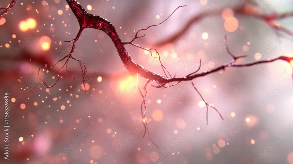 Poster closeup of a glowing neuron with intricate branches and orange light particles. scientific and biolo