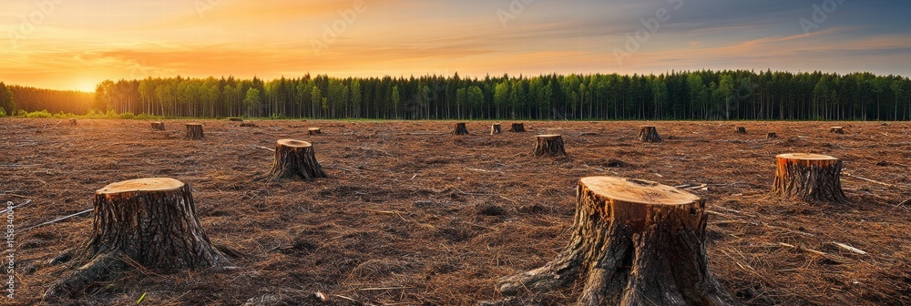 Aufkleber deforested landscape with exposed tree stumps during sunset in a clearing surrounded by dense forest