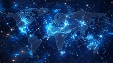 Fototapeta premium Global network connections visualized on a world map. Bright blue lines and nodes illuminate the interconnectedness of the planet.