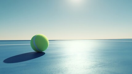 Tennis ball under sunlight on smooth blue court