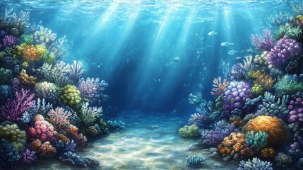 Naklejka premium Vibrant Coral Reef Illuminated by Sunlight