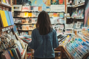 Gen Z girl at a trendy art supply store, selecting colorful paints and sketchbooks, casual stylish outfit, bright and creative space, artsy and modern vibe