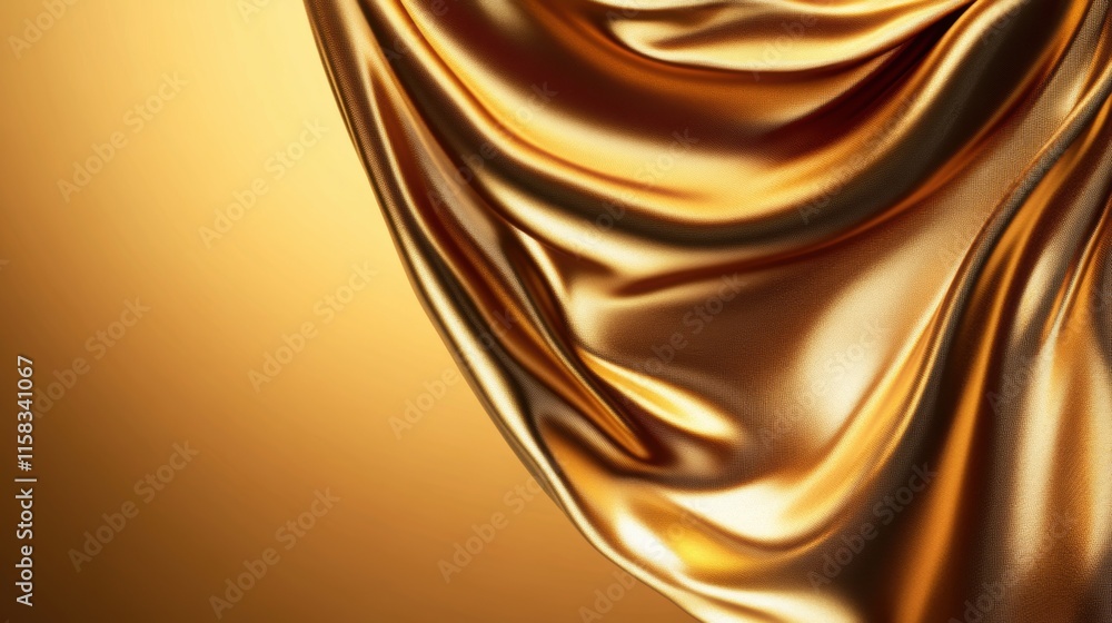 Poster close-up of flowing golden satin fabric with smooth texture and dramatic folds on a gold gradient ba