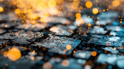 Abstract macro view of wet cobblestone surface with glowing golden bokeh lights.