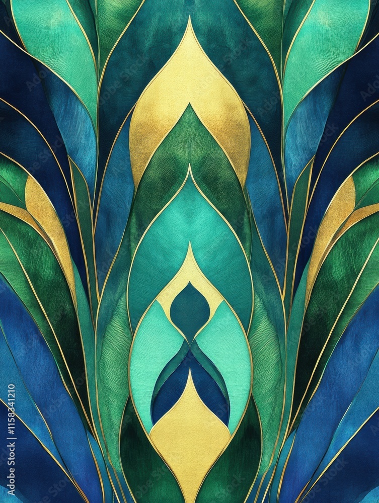 Poster pattern of overlapping peacock feathers with vibrant colors and space for additional text or design 