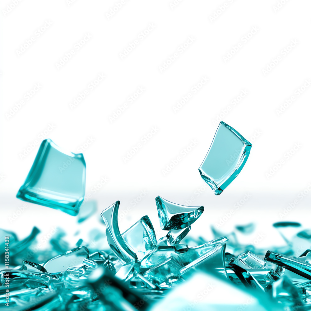 Poster fragmented turquoise glass pieces scattered on a white background, creating a dynamic and vibrant vi