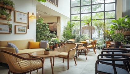 Fototapeta premium Tranquil Indoor Cafe With Lush Greenery and Rattan Furniture