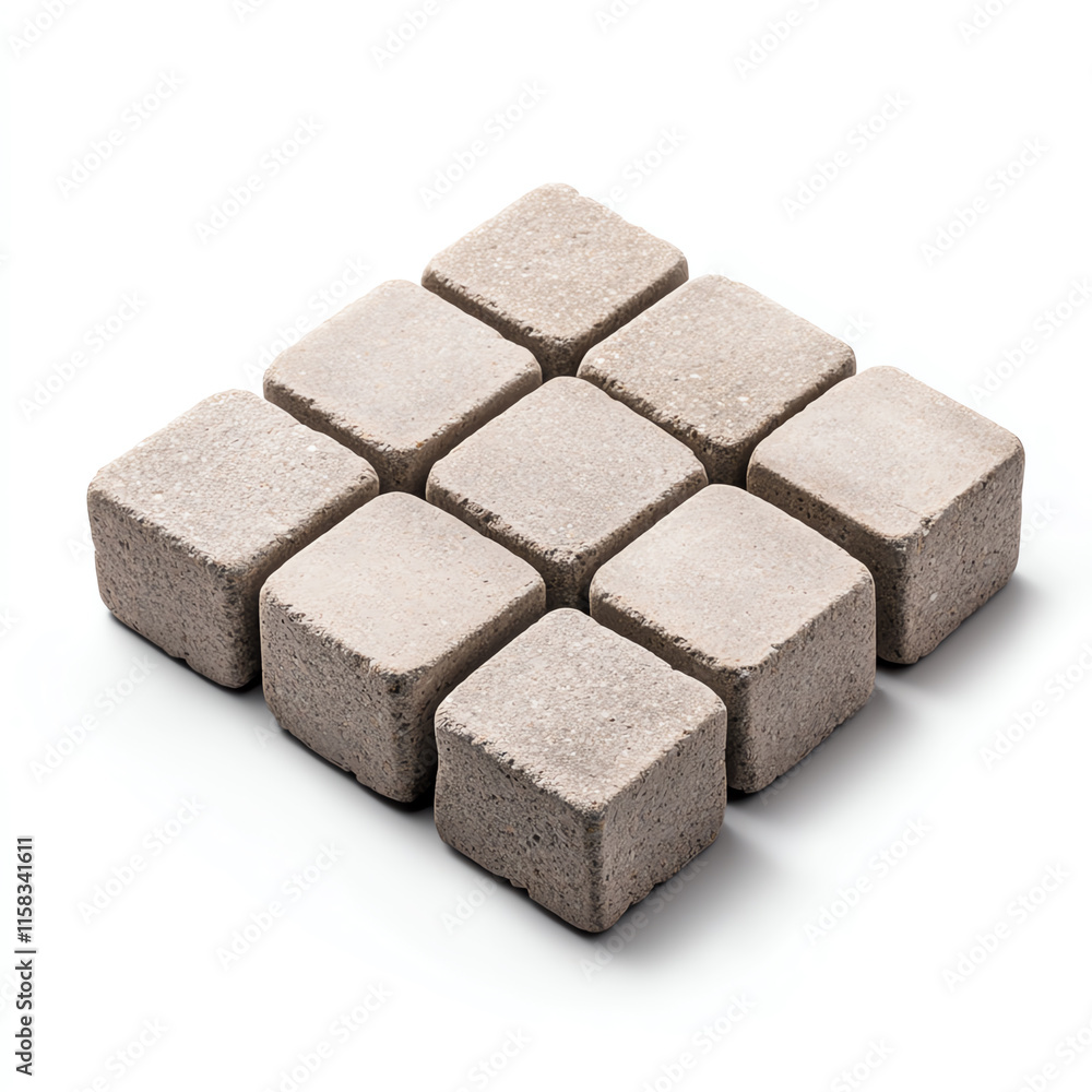 Poster group of concrete blocks arranged on a white isolated background for construction or design purposes